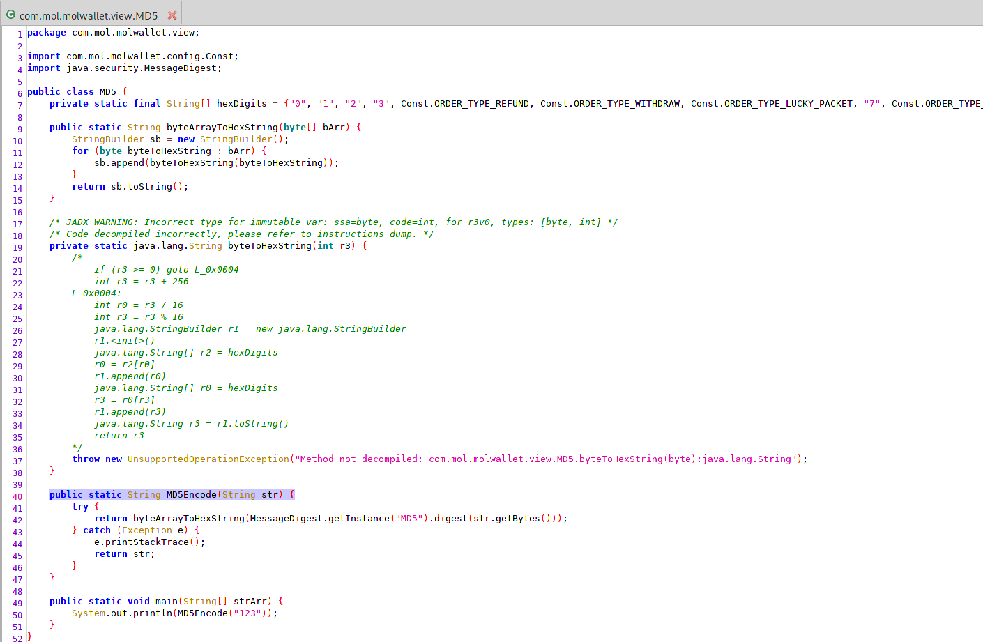 Decompiled Java source in jadx-gui showing the MD5 class and its byteArrayToHexString/MD5Encode methods