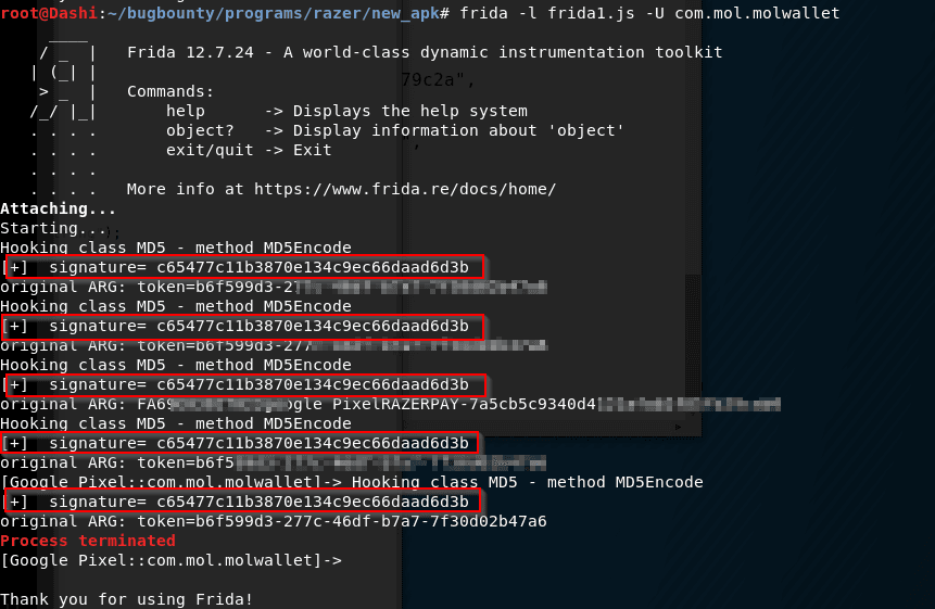 Frida console output hooking MD5Encode on a Google Pixel, printing a recomputed signature for each intercepted call