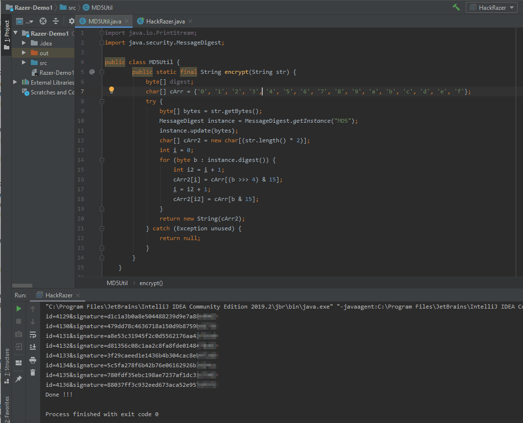 The recompiled MD5Util.encrypt method, an exact copy of the app’s own client-side signing logic