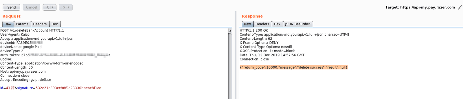 Burp Suite request and response for the deleteBankAccount endpoint, showing the id and signature parameters